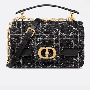 Dior Black/Navy Blue/White Tweed Shoulder Bag with Gold Hardware